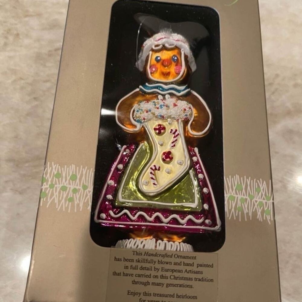 Dillard’s Trimmings gingerbread woman blown glass ornament new in box